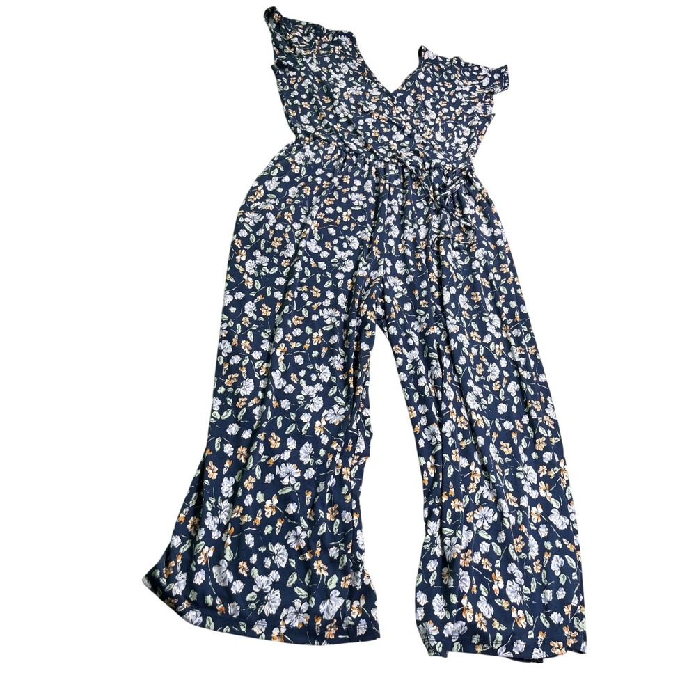 Gilli Floral Wide Leg Jumpsuit Navy Blue Wrap Front Tie Waist Size Large